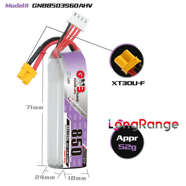 GNB 3S 11.4V 850mAh LiHV Battery 60C (Compact)